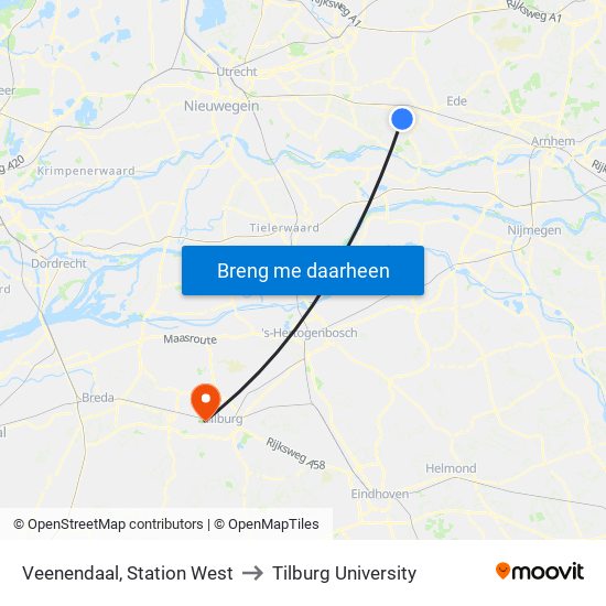 Veenendaal, Station West to Tilburg University map