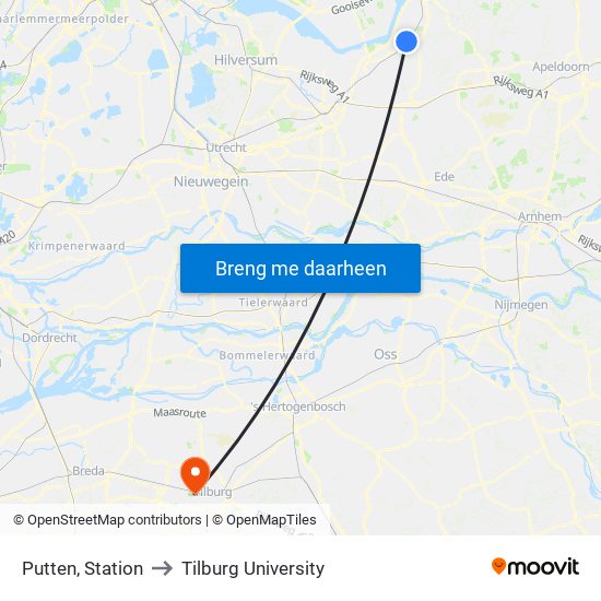 Putten, Station to Tilburg University map