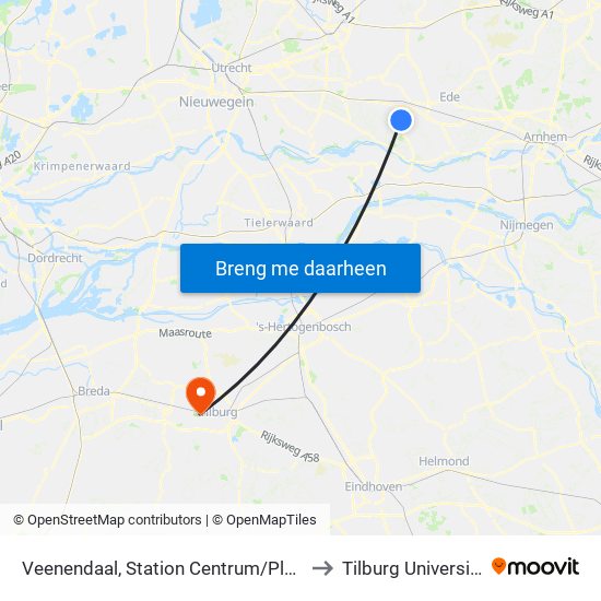 Veenendaal, Station Centrum/Plein to Tilburg University map