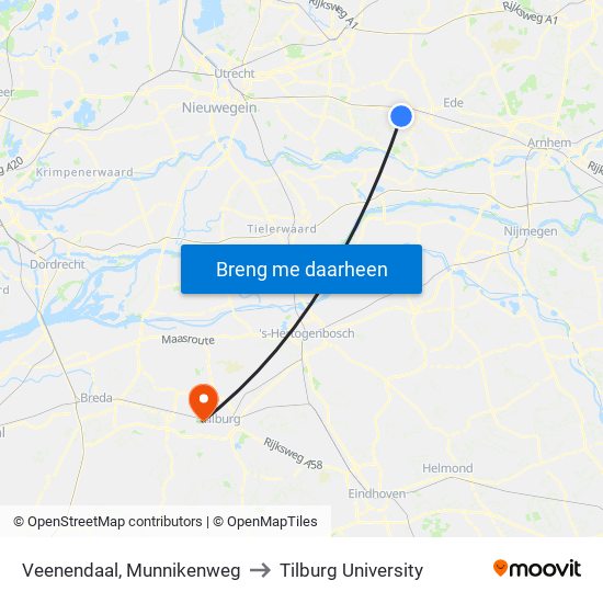 Veenendaal, Munnikenweg to Tilburg University map