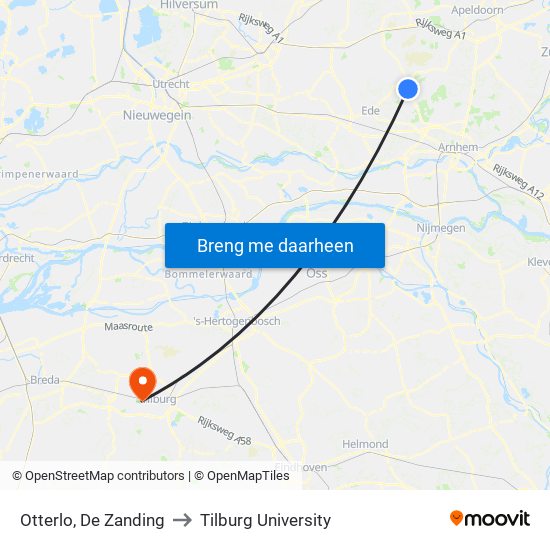 Otterlo, De Zanding to Tilburg University map