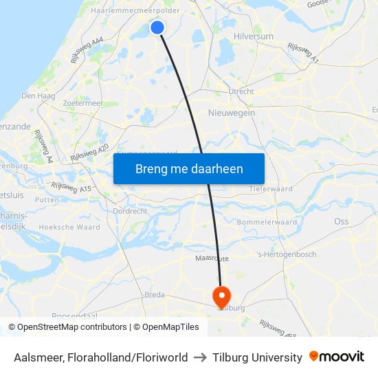 Aalsmeer, Floraholland/Floriworld to Tilburg University map