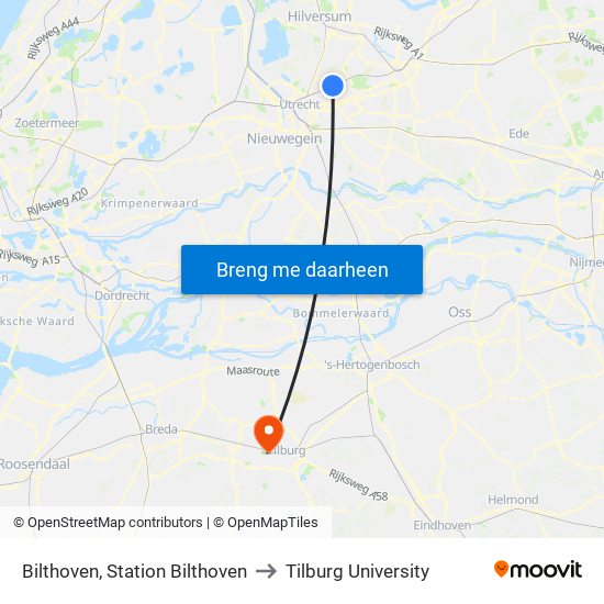 Bilthoven, Station Bilthoven to Tilburg University map