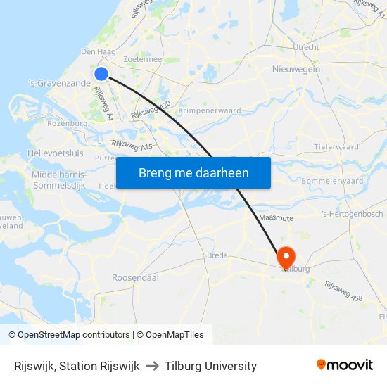 Rijswijk, Station Rijswijk to Tilburg University map