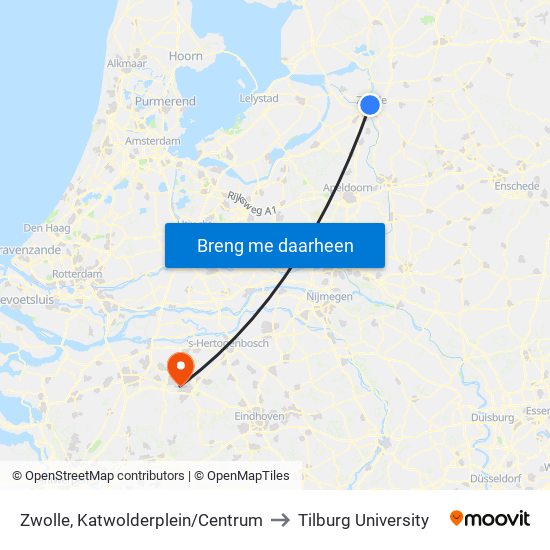 Zwolle, Katwolderplein/Centrum to Tilburg University map