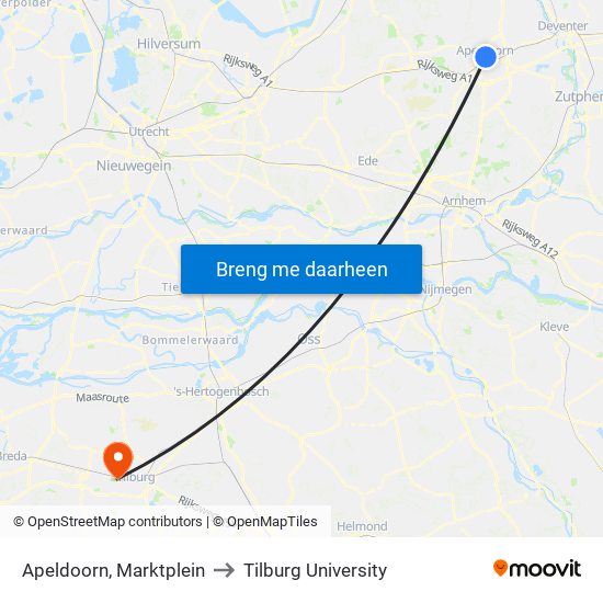 Apeldoorn, Marktplein to Tilburg University map