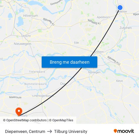 Diepenveen, Centrum to Tilburg University map