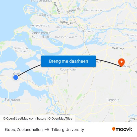 Goes, Zeelandhallen to Tilburg University map