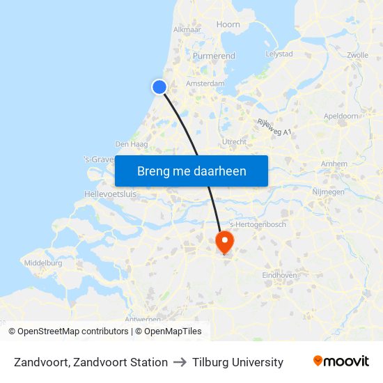 Zandvoort, Zandvoort Station to Tilburg University map