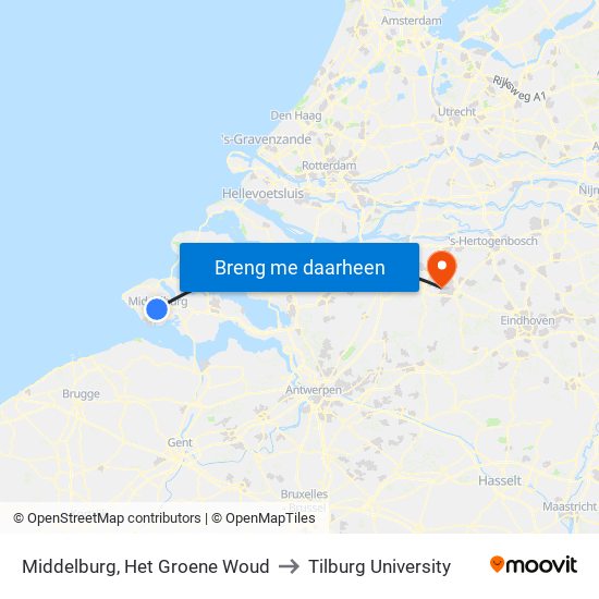 Middelburg, Het Groene Woud to Tilburg University map