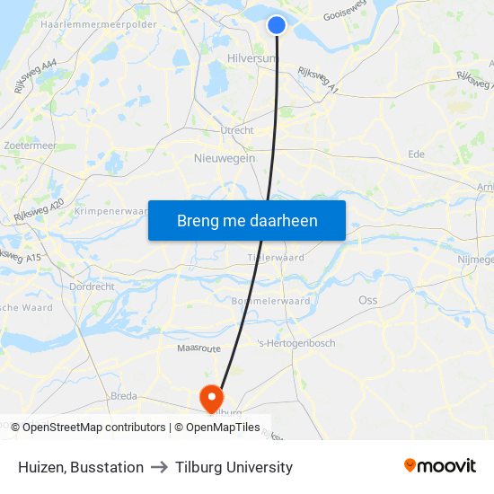 Huizen, Busstation to Tilburg University map