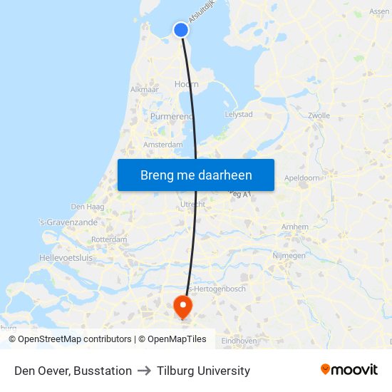 Den Oever, Busstation to Tilburg University map