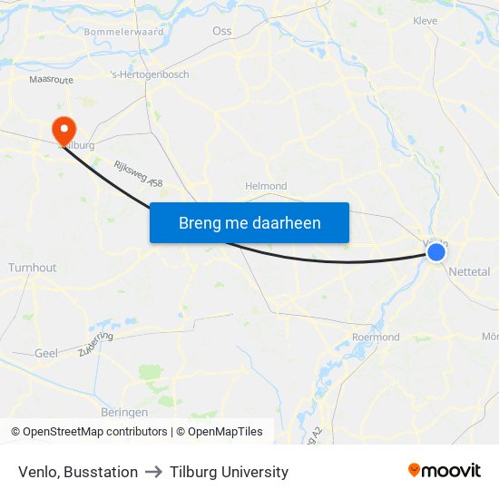 Venlo, Busstation to Tilburg University map