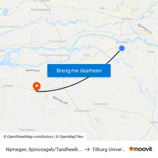 Nijmegen, Spinozageb/Tandheelkunde to Tilburg University map