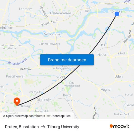 Druten, Busstation to Tilburg University map
