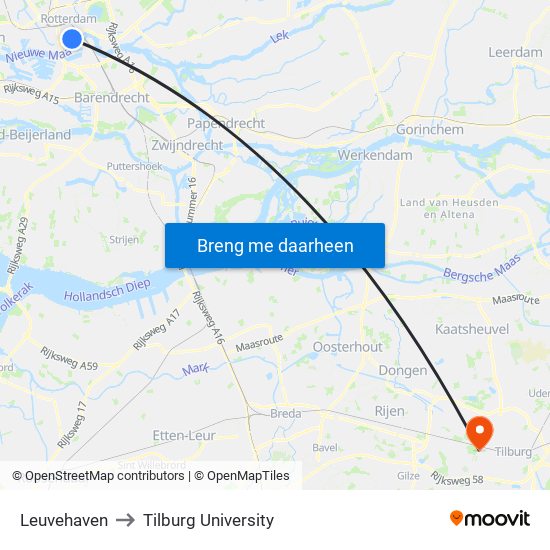 Leuvehaven to Tilburg University map