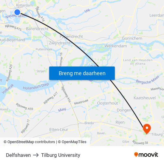 Delfshaven to Tilburg University map