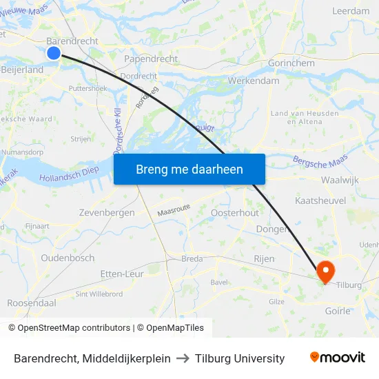 Barendrecht, Middeldijkerplein to Tilburg University map