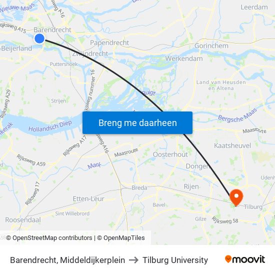 Barendrecht, Middeldijkerplein to Tilburg University map