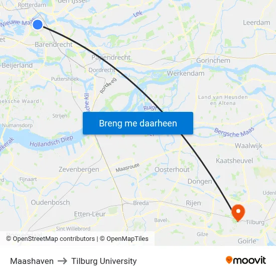 Maashaven to Tilburg University map