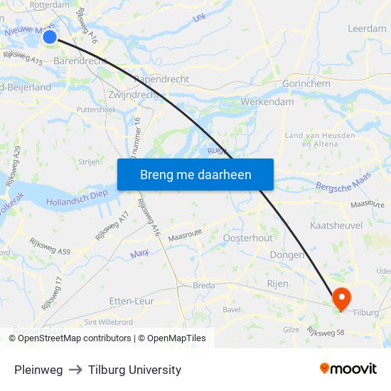 Pleinweg to Tilburg University map
