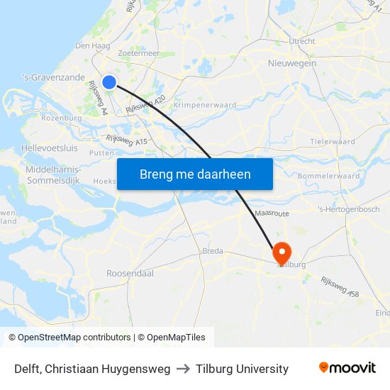 Delft, Christiaan Huygensweg to Tilburg University map