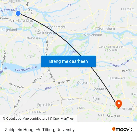Zuidplein Hoog to Tilburg University map