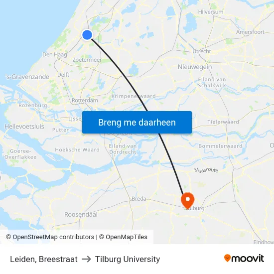 Leiden, Breestraat to Tilburg University map