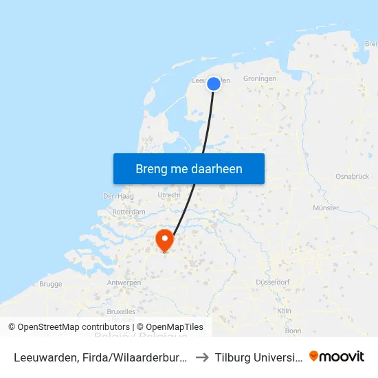 Leeuwarden, Firda/Wilaarderburen to Tilburg University map