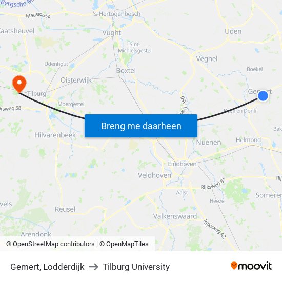 Gemert, Lodderdijk to Tilburg University map