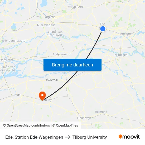 Ede, Station Ede-Wageningen to Tilburg University map