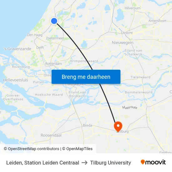 Leiden, Station Leiden Centraal to Tilburg University map