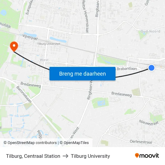 Tilburg, Centraal Station to Tilburg University map