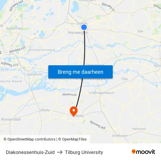 Diakonessenhuis-Zuid to Tilburg University map