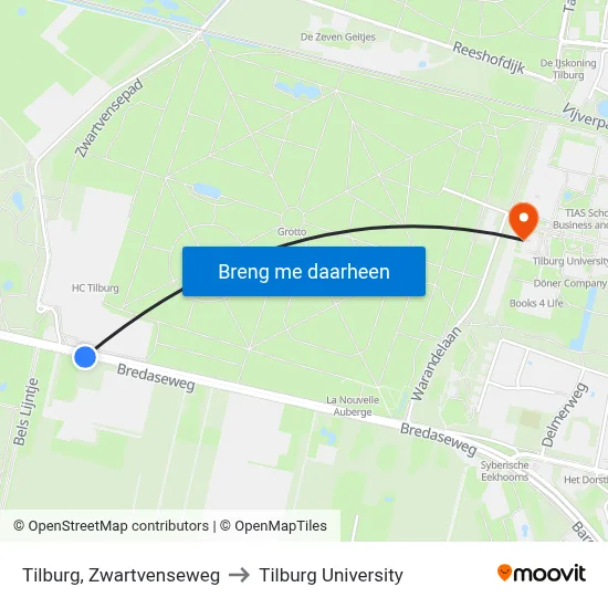 Tilburg, Zwartvenseweg to Tilburg University map
