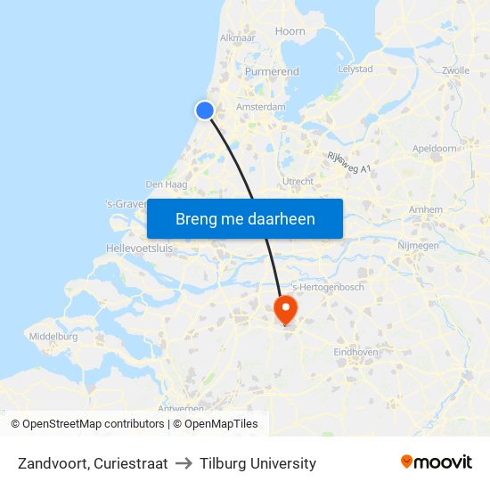 Zandvoort, Curiestraat to Tilburg University map