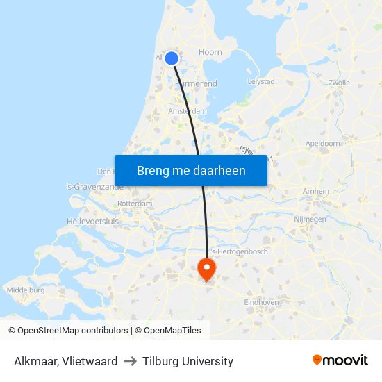 Alkmaar, Vlietwaard to Tilburg University map