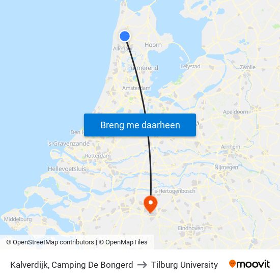 Kalverdijk, Camping De Bongerd to Tilburg University map