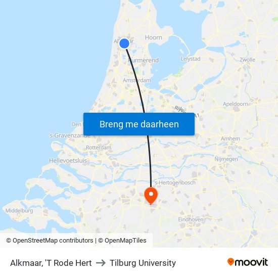 Alkmaar, 'T Rode Hert to Tilburg University map