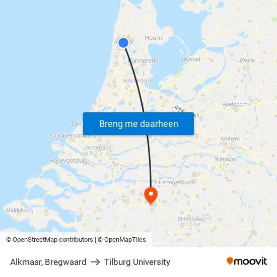 Alkmaar, Bregwaard to Tilburg University map