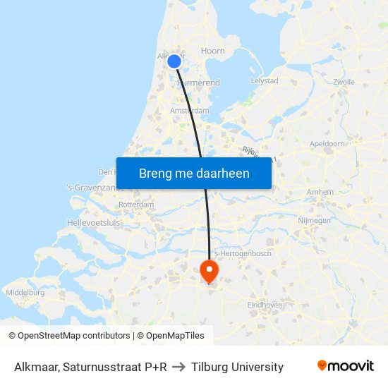 Alkmaar, Saturnusstraat P+R to Tilburg University map