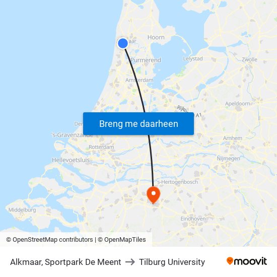 Alkmaar, Sportpark De Meent to Tilburg University map