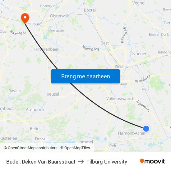 Budel, Deken Van Baarsstraat to Tilburg University map