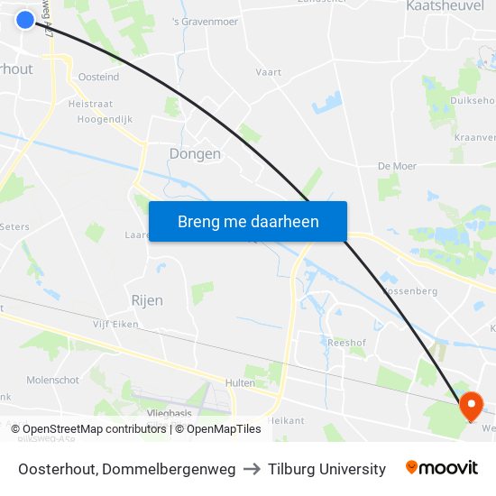 Oosterhout, Dommelbergenweg to Tilburg University map