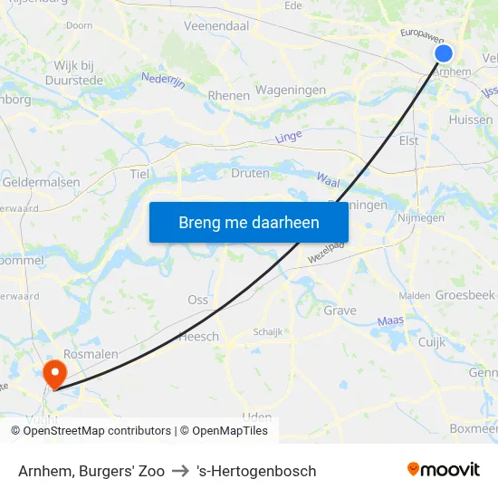 Arnhem, Burgers' Zoo to 's-Hertogenbosch map