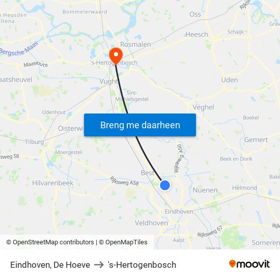 Eindhoven, De Hoeve to 's-Hertogenbosch map