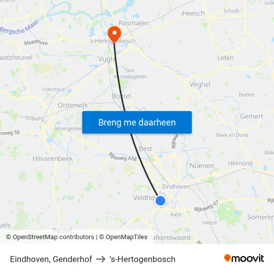 Eindhoven, Genderhof to 's-Hertogenbosch map