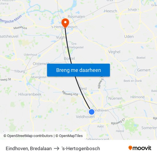 Eindhoven, Bredalaan to 's-Hertogenbosch map