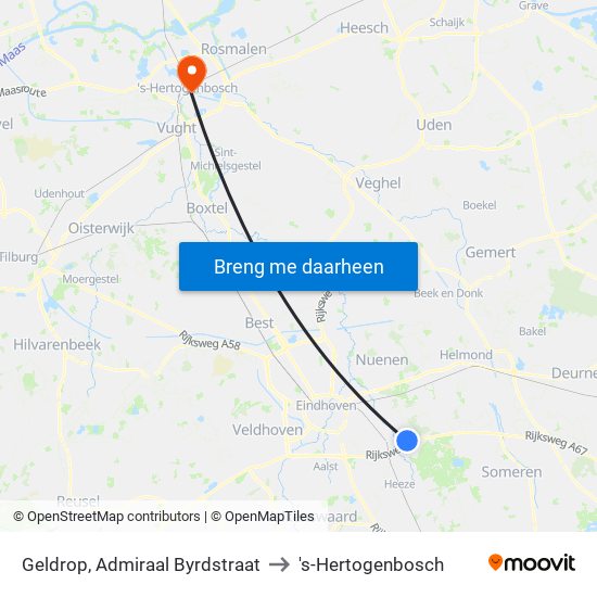 Geldrop, Admiraal Byrdstraat to 's-Hertogenbosch map