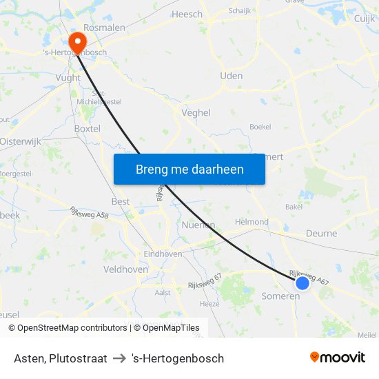 Asten, Plutostraat to 's-Hertogenbosch map